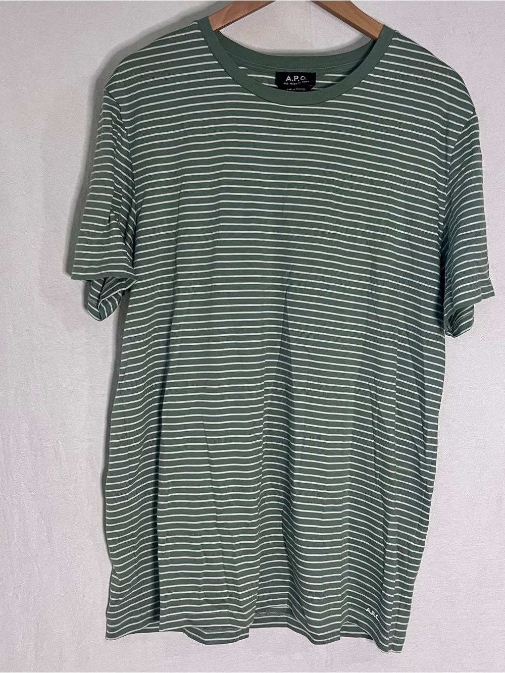A.P.C. Rue Madame Paris Sage Green White Striped Cotton Crewneck Tee Shirt - XL